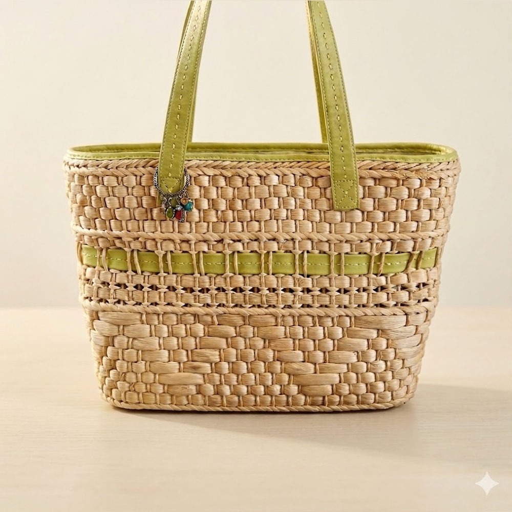 Brighton Cream and Green Straw Tote Bag with Geometric Woven Design 🌴